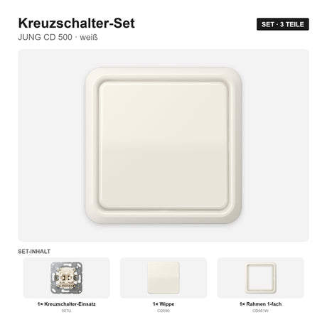 JUNG CD 500 Kreuzschalter-Set weiß (ivory) – montiert