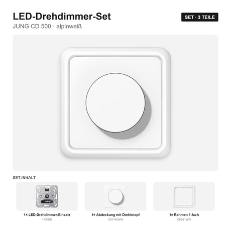 JUNG CD 500 LED-Dimmer-Set alpinweiß – montiert