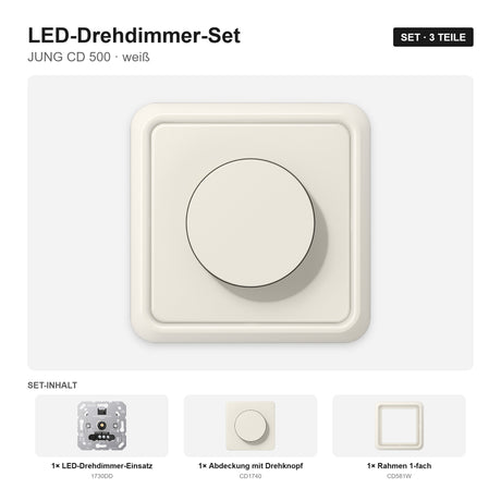 JUNG CD 500 LED-Dimmer-Set weiß (ivory) – montiert