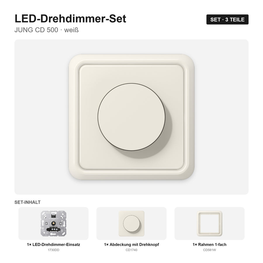 JUNG CD 500 LED-Dimmer-Set weiß (ivory) – montiert