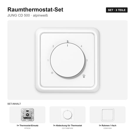 JUNG CD 500 Raumthermostat-Set alpinweiß – montiert