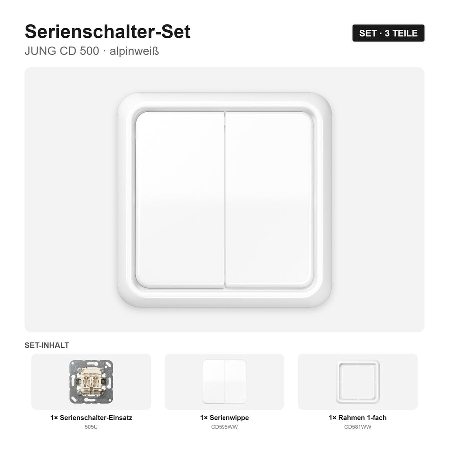 JUNG CD 500 Serienschalter-Set alpinweiß – montiert