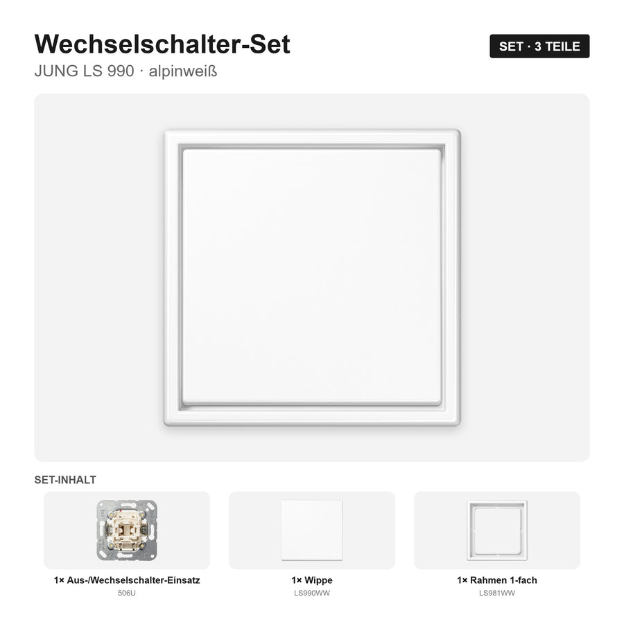 JUNG LS 990 Lichtschalter-Set alpinweiß – montiert
