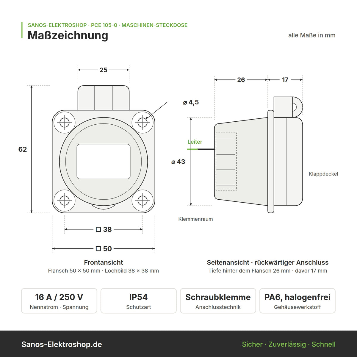 Maschinen-Steckdose, 230V, IP54, Anschluss rückseitig | PCE | verschiedene Farben
