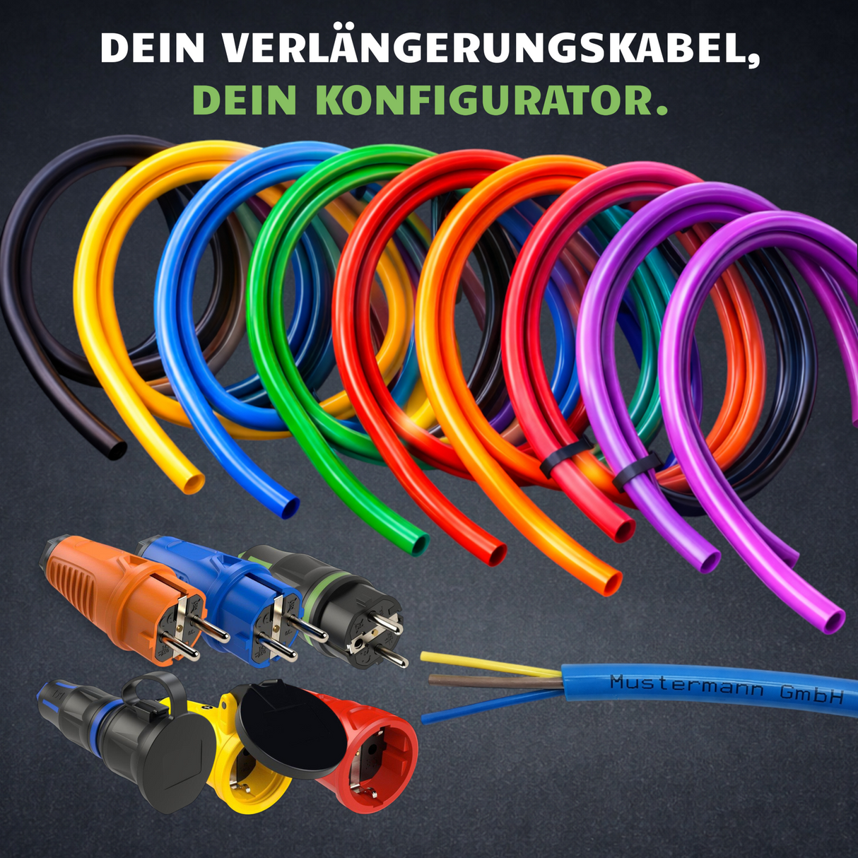 Verlängerungsleitung Konfigurator | Gummi- & PUR-Kabel H07RN-F & H07BQ-F | 3×1,5mm² bis 3×2,5 mm²